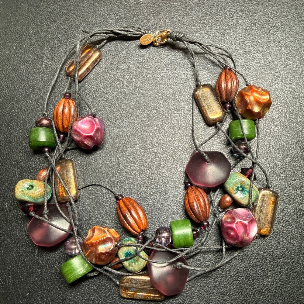TERESA GOODALL Handcrafted Glass Ceramic Candy Beads 6 Strand Hemp Cord Necklace